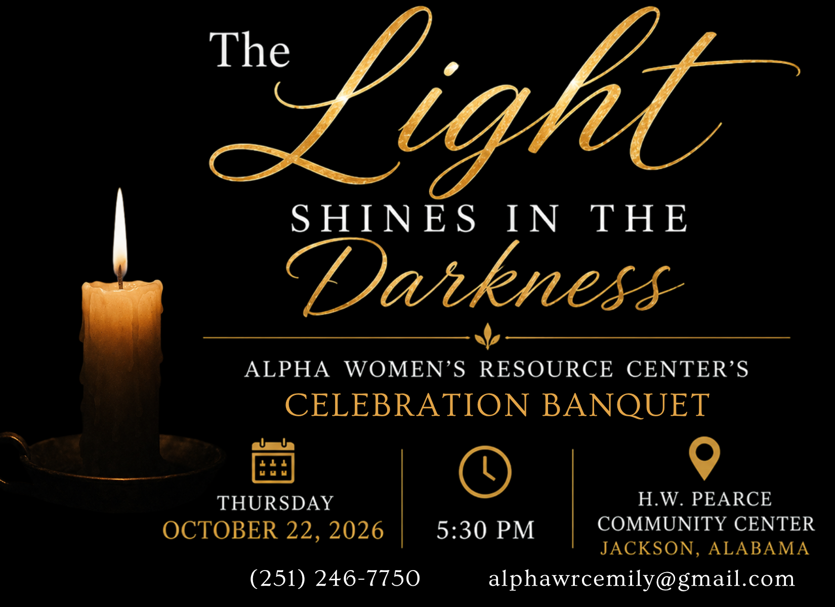 Invitation to Alpha Women's Resource Center's Celebration Banquet, Thursday, October 22, 2026, 5:30 PM, H.W. Pearce Community Center, Jackson, Alabama